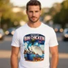 Man wearing a white bin chicken graphic t-shirt, lifestyle photo, Australian humour tee