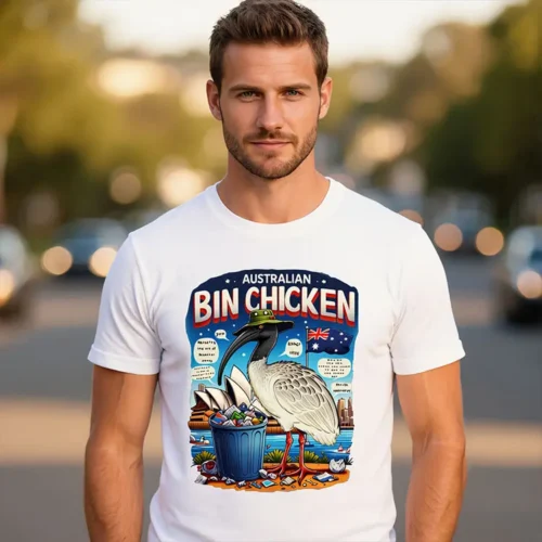 Man wearing a white bin chicken graphic t-shirt, lifestyle photo, Australian humour tee