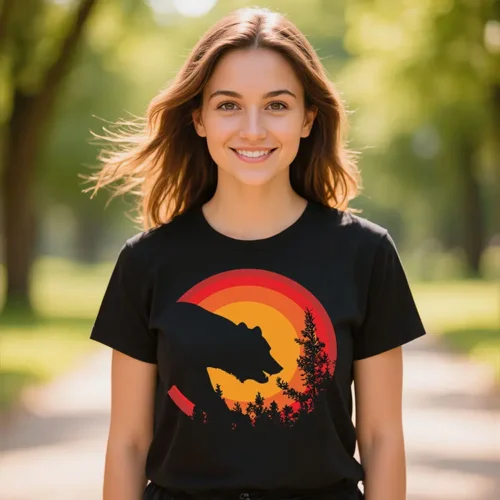 Bear in the Forest ladies graphic t-shirt in black, front view.