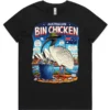 Black ladies’ Bin Chicken graphic t-shirt lay-flat front view, printed in Australia