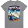 Grey marle ladies’ Bin Chicken graphic t-shirt lay-flat front view, printed in Australia