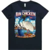 Navy ladies’ Bin Chicken graphic t-shirt lay-flat front view, printed in Australia