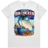 White ladies’ Bin Chicken graphic t-shirt lay-flat front view, printed in Australia