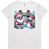 Front view of the white Brisbane Christmas ladies t-shirt with festive Brisbane artwork
