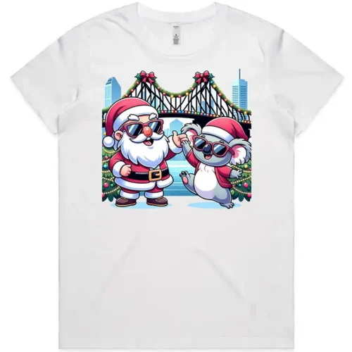 Front view of the white Brisbane Christmas ladies t-shirt with festive Brisbane artwork