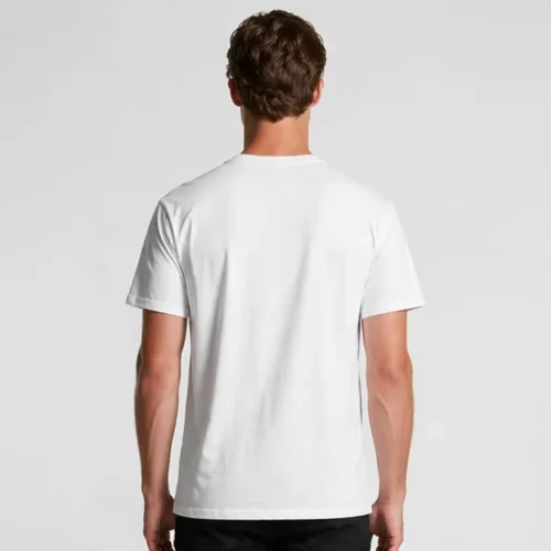 Custom printed bulk AS Colour Staple white T-shirts back view White AS Colour Staple T-shirt back view on model Plain back surface suitable for custom printing Premium fit showing full rear coverage Ideal for back print placement on bulk orders