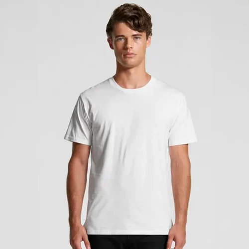 Custom printed bulk AS Colour Staple white T-shirts front view White AS Colour Staple T-shirt front view on model Clean blank front ideal for custom printing Premium fit with structured shape Clear print area for front design placement