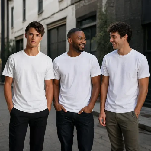 Custom printed bulk AS Colour Staple white T-shirts lifestyle group White AS Colour Staple T-shirts worn by three men outdoors Premium retail-quality tees shown in a real-world setting Clean white garments suitable for custom printing Group styling ideal for bulk orders and merchandise