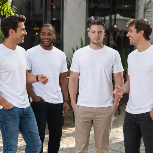 Custom printed bulk white T-shirts lifestyle group White unisex T-shirts worn by four men in an outdoor setting Clean, plain white tees ideal for custom printing Group styling suited for bulk orders and events Natural lighting showing fabric and fit clearly