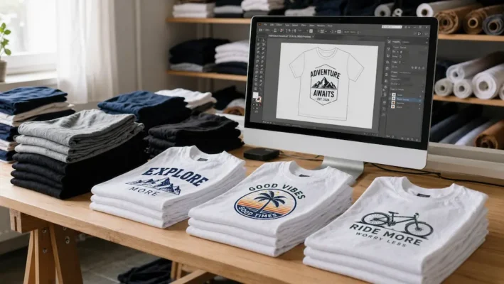 Custom printed t-shirts prepared in a print workspace for Australian customers