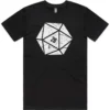 Black D20 graphic t-shirt lay-flat photo showing the front artwork