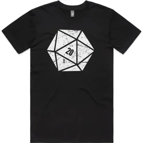 Black D20 graphic t-shirt lay-flat photo showing the front artwork