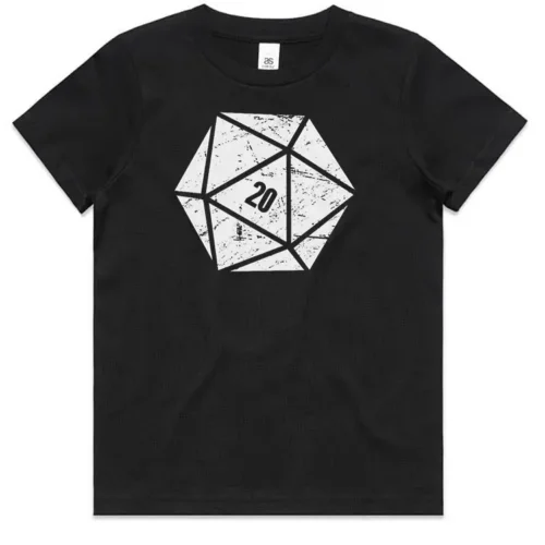 Black kids’ graphic tee showing the D20 print and colour.