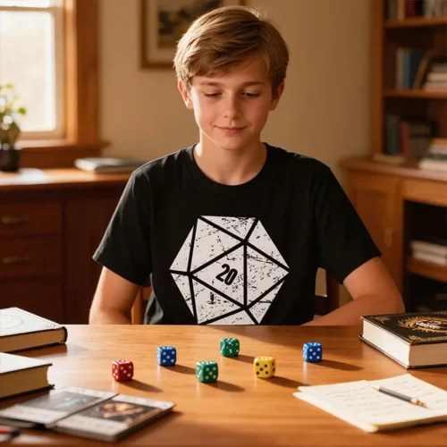 Kids’ black T-shirt with a D20 dice graphic on the front