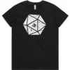 Black ladies’ graphic tee showing the D20 print colour and placement.