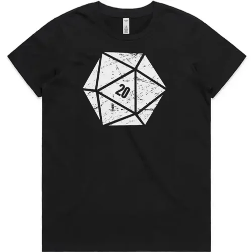 Black ladies’ graphic tee showing the D20 print colour and placement.