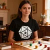 Ladies’ black T-shirt with a D20 dice graphic on the front, shown flat or on model per your file