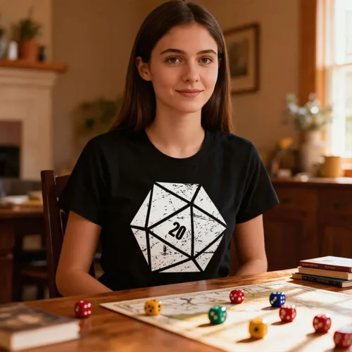 Ladies’ black T-shirt with a D20 dice graphic on the front, shown flat or on model per your file