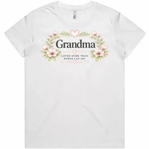 Lay flat view of the white Grandma ladies t-shirt with floral design