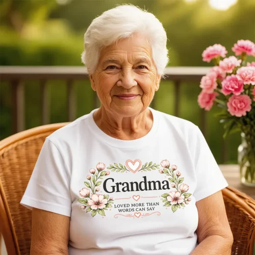 Ladies white Grandma t-shirt worn with floral design and sentimental message