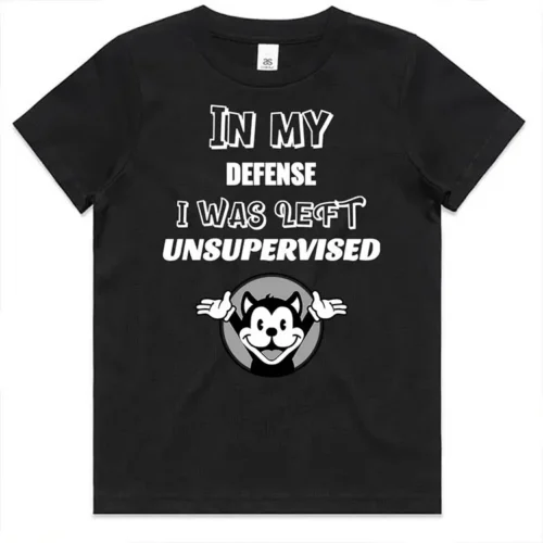Front view of the black In My Defense I Was Left Unsupervised kids t-shirt