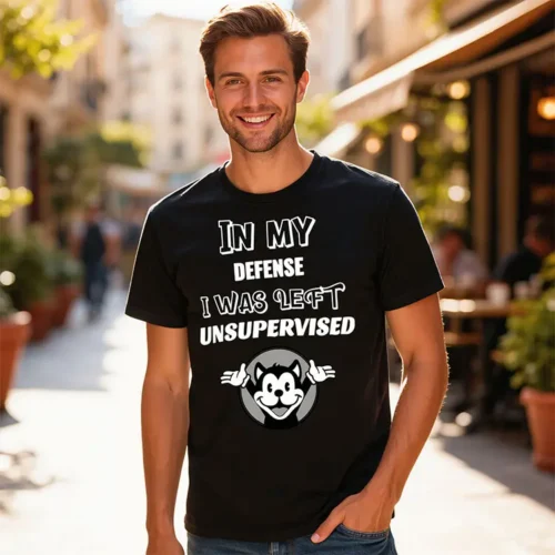Men’s black In My Defense I Was Left Unsupervised t-shirt with front print