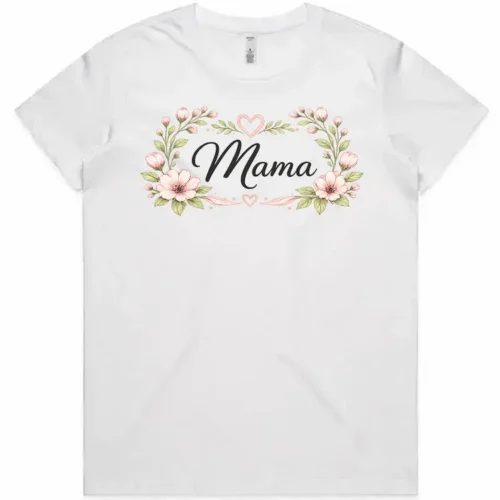 Lay flat view of the white Mama ladies t-shirt with floral design