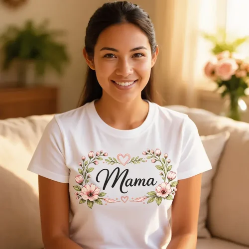 Ladies white Mama t-shirt worn with floral design