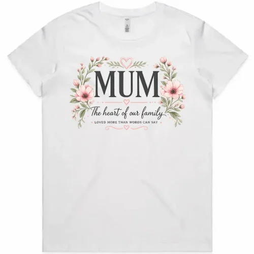 Lay flat view of the white Mum ladies t-shirt with floral family design
