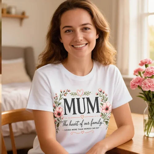 Ladies white Mum t-shirt worn with floral design and family message