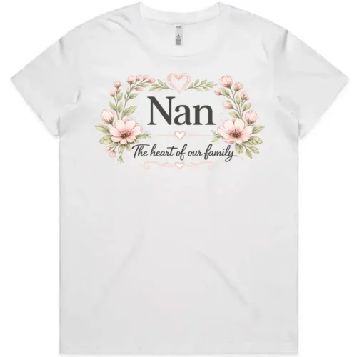 Lay flat view of the white Nana ladies t-shirt