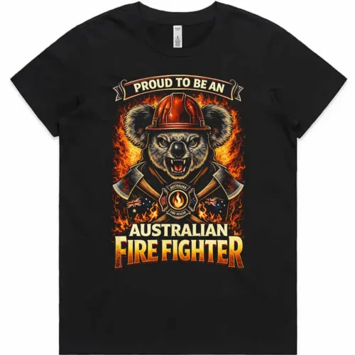 Proud To Be An Australian Firefighter printed in Australia graphic t-shirt ladies black front