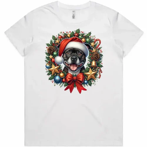 Ladies Staffy Christmas t-shirt white flat lay