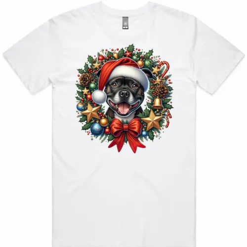 Mens Staffy Christmas t-shirt white lay flat view