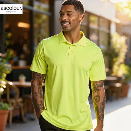 AS Colour Men Work Safety Polo in Safety Yellow with custom print, main lifestyle view
