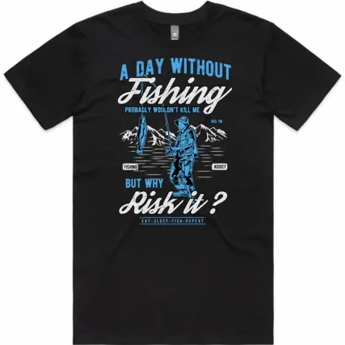 Distressed A Day Without Fishing design printed on a black men’s t-shirt