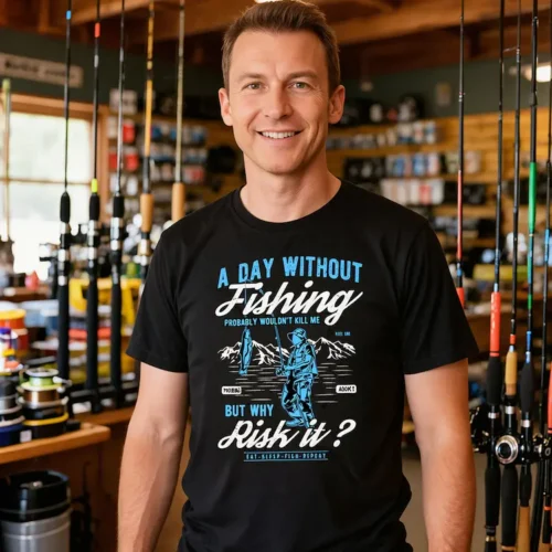 Man wearing a distressed A Day Without Fishing black t-shirt in a tackle shop