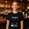 Woman wearing an Alcohol Is Calling black t-shirt in a bar
