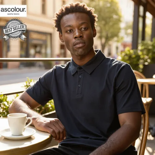 AS Colour Chad Polo with custom print in Navy, main lifestyle view