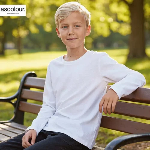 AS Colour Kids Staple Long Sleeve T Shirt, White, lifestyle view with custom print
