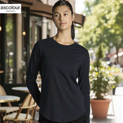 AS Colour Ladies Maple Curve Long Sleeve T Shirt with custom print, Black, lifestyle view