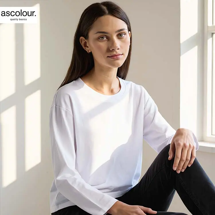 AS Colour Ladies Martina Long Sleeve T Shirt, White, lifestyle view with custom print