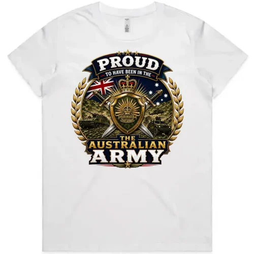 Australian Army veteran-inspired ladies white t-shirt lay flat with front print