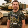 Man wearing a Camo Australian Army veteran-inspired t-shirt in front of a tank