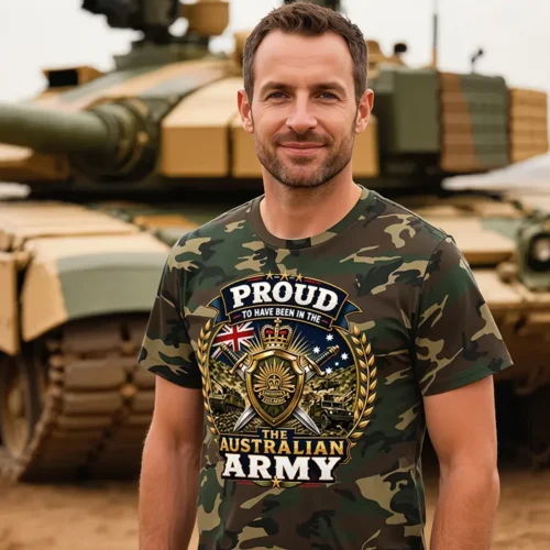 Man wearing a Camo Australian Army veteran-inspired t-shirt in front of a tank