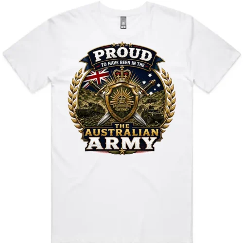 Australian Army veteran-inspired men’s white t-shirt lay flat with front print