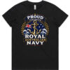 Australian Navy veteran-inspired ladies black t-shirt lay flat with front print