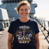 Woman wearing a navy Australian Navy veteran-inspired t-shirt on the deck of a destroyer