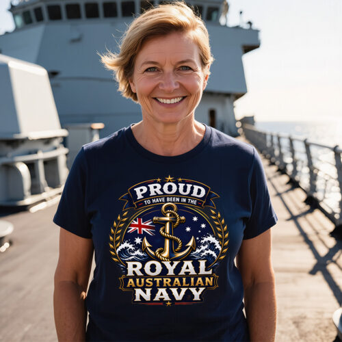 Woman wearing a navy Australian Navy veteran-inspired t-shirt on the deck of a destroyer