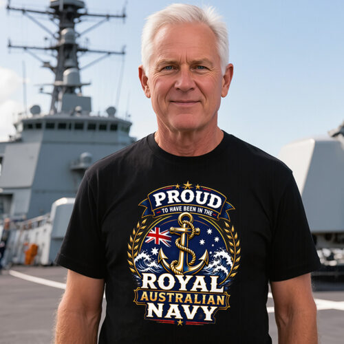 Man wearing a navy Australian Navy veteran-inspired t-shirt on the deck of a destroyer